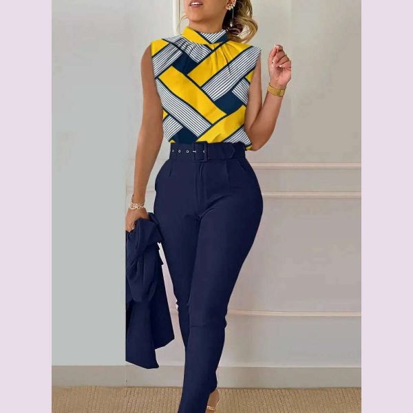 Elegant Women s Two Piece Set Suits Fashion Printed Sleevelss Top black Pants Set With Belt Blouses 2 Piece Set Female Clothing For Sale - Image 3